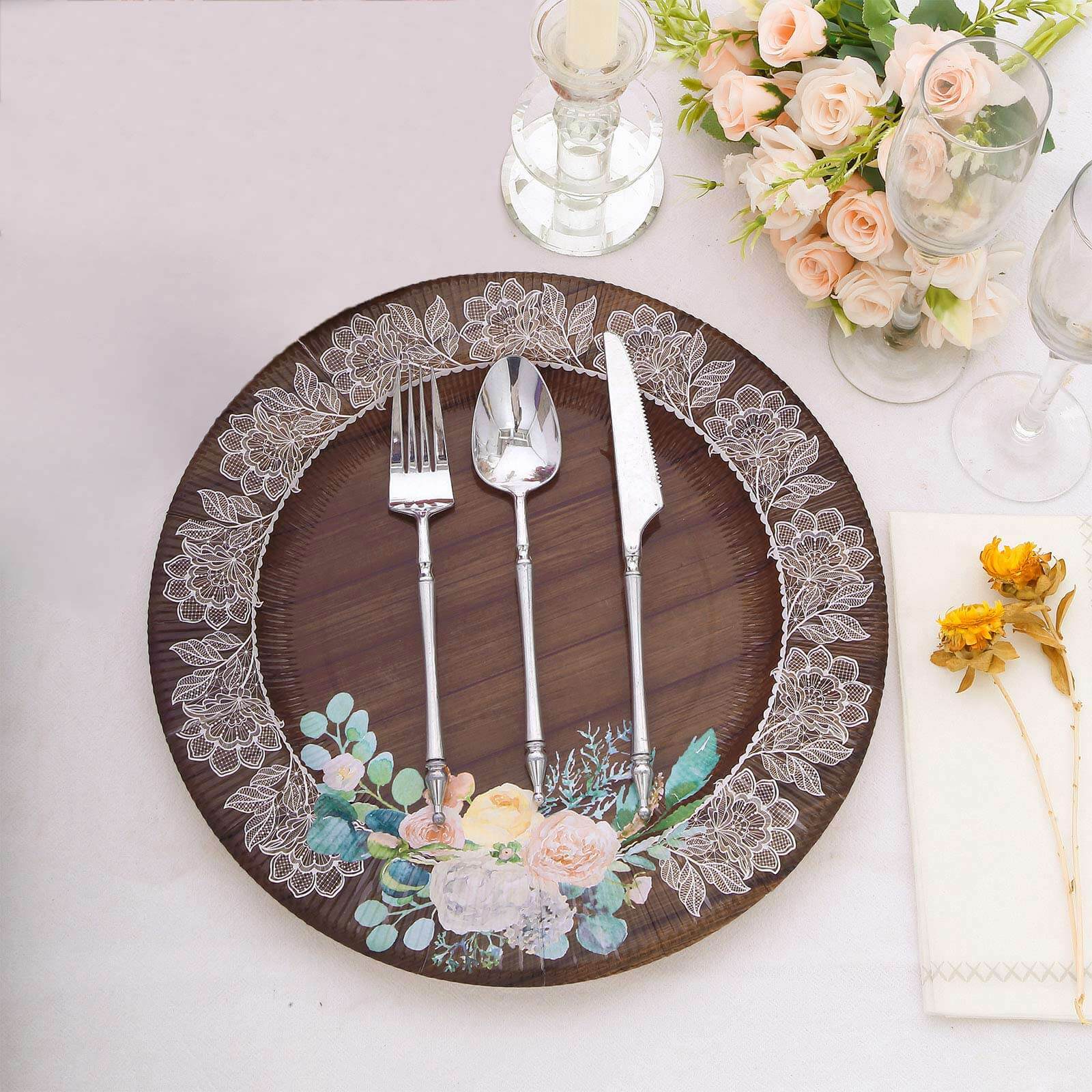 25-Pack Paper 10" Round Dinner Plates in Brown Wood Print with Floral Lace Rim - Disposable Party Plates for Farmhouse Weddings & Rustic Themes