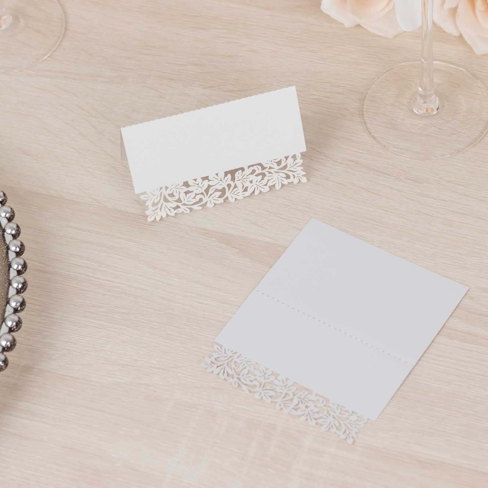 50-Pack Wedding Place Cards with Laser Cut Leaf Vine Design White - Printable Reservation Seating Tent Cards 210 GSM
