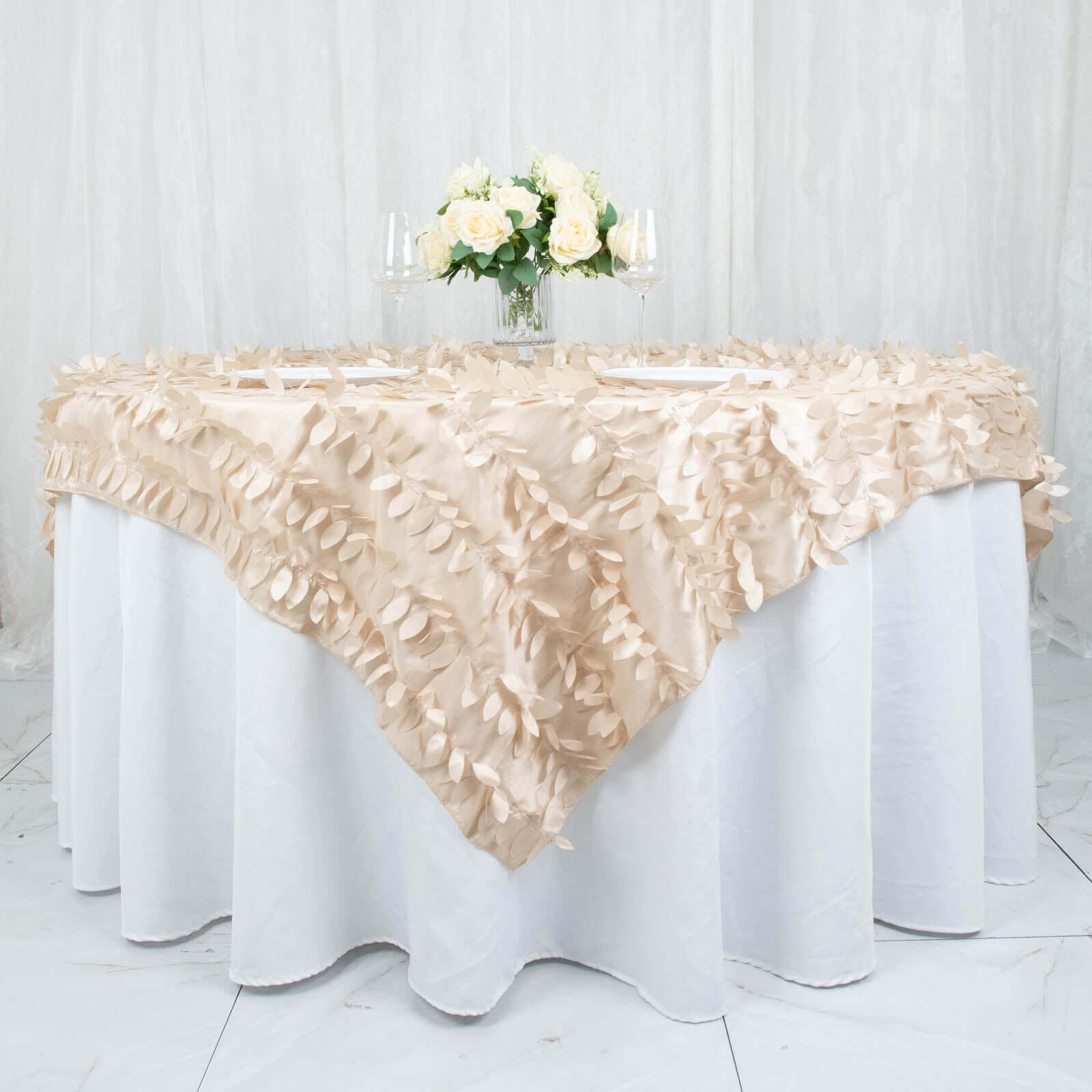 Taffeta 72"x72" Table Overlay Square Tablecloth Beige - 3D Leaf Petal Table Cover