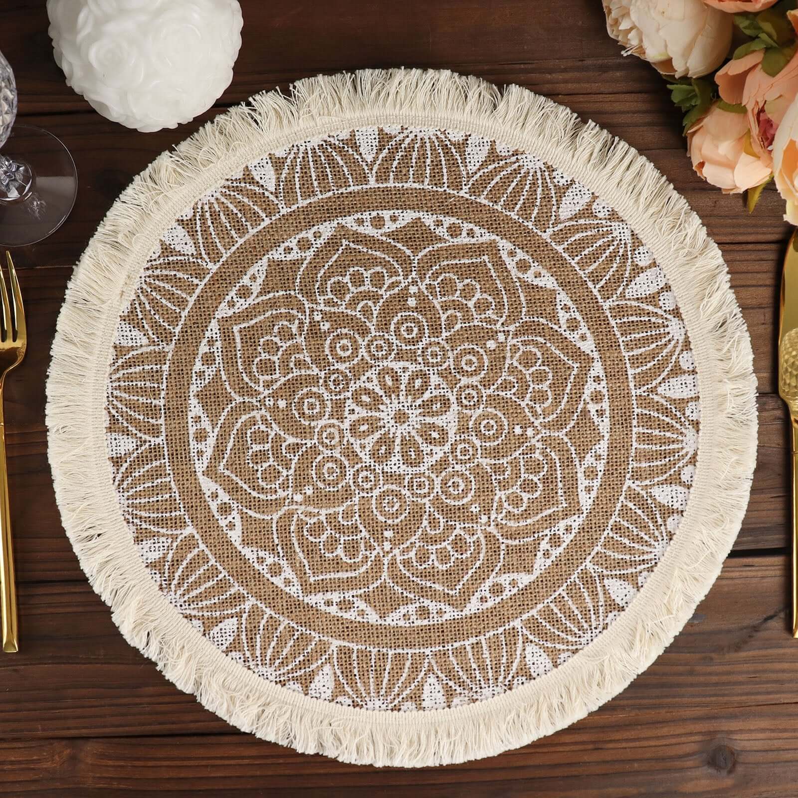 4-Pack Placemats Mandala Print Fringe Design Natural Jute and White Round - Rustic Burlap Tassel Style 15"