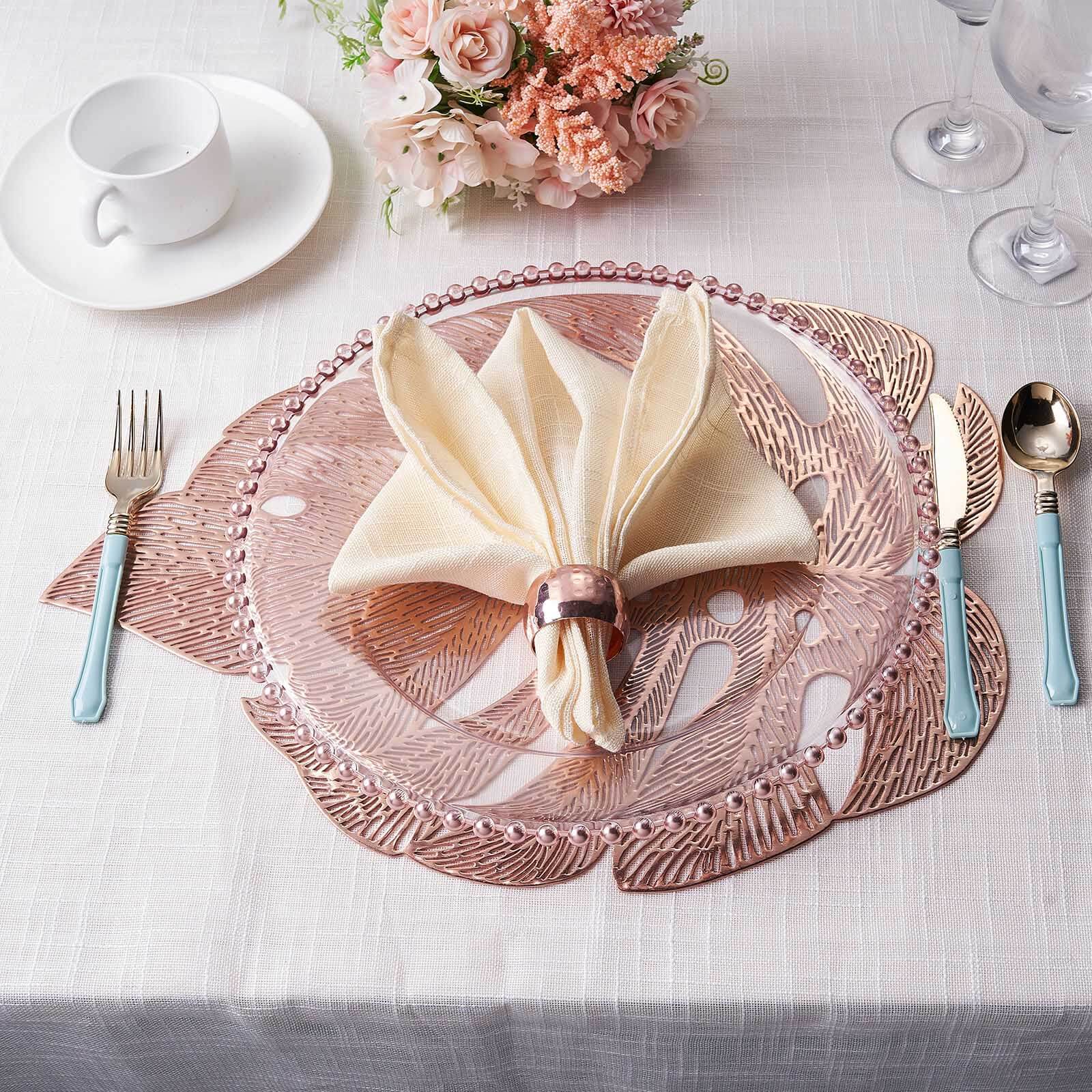 6-Pack Dining Table Mats Monstera Leaf Design Rose Gold - Vinyl Non-Slip Surface for Tropical Themes 18"