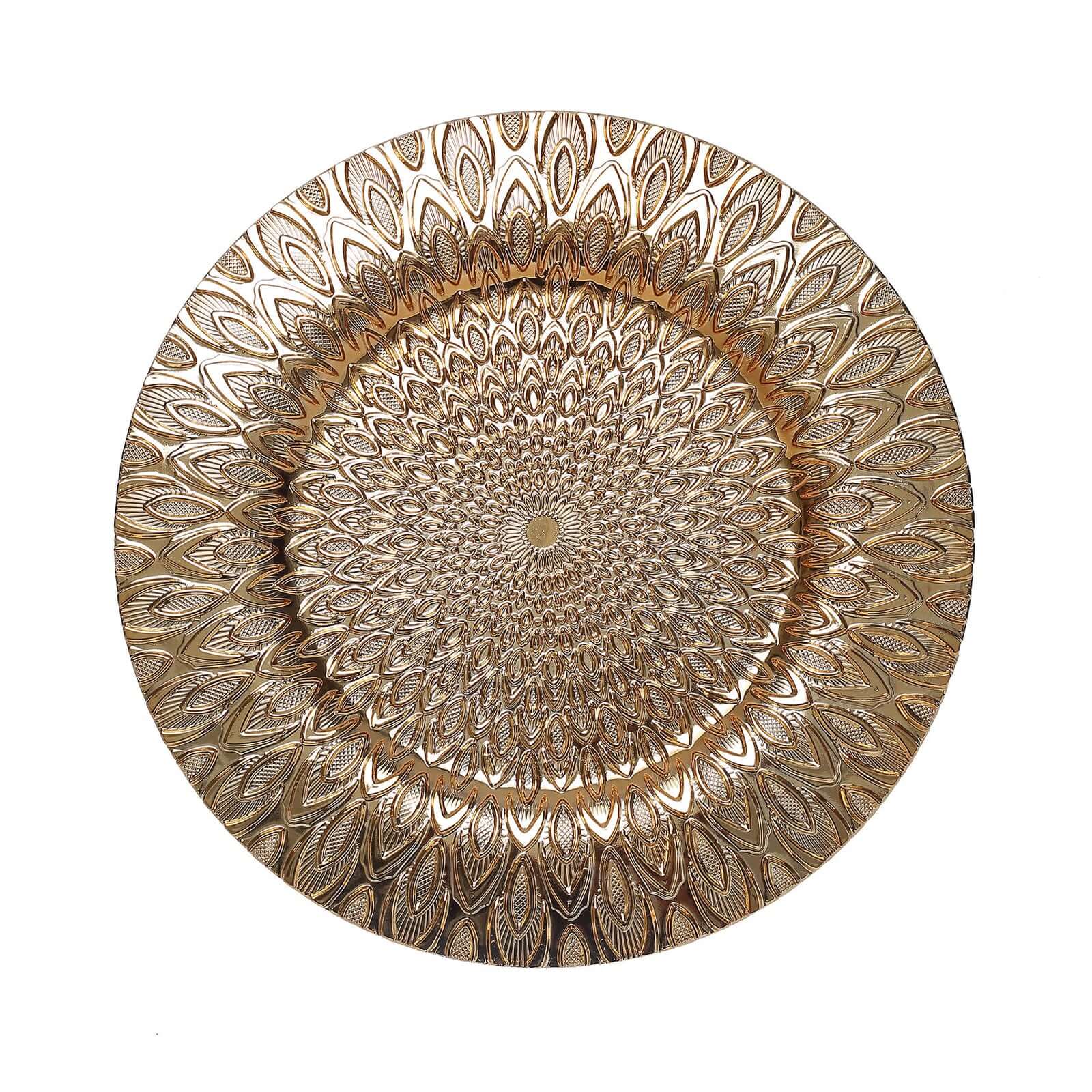 6-Pack Plastic Round Charger Plates 13" in Gold with Embossed Peacock Pattern, Stylish Disposable Charger Tableware