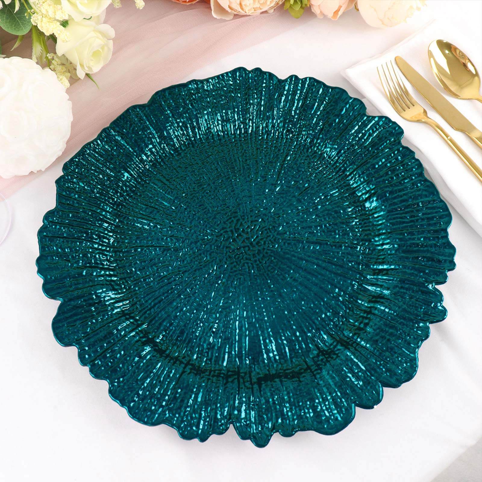 6-Pack Acrylic Plastic Round Charger Plates 13" in Peacock Teal with Reef Design, Dinner Charger Tableware