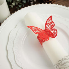 12-Pack Paper Napkin Rings Laser Cut Butterfly Red Shimmery - Decorative Serviette Holders