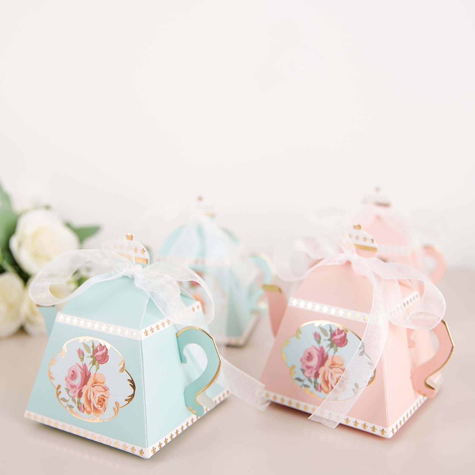 25 Pack 4" Dusty Rose Mini Teapot Favor Boxes, Vintage Rose Gift Boxes with Ribbons