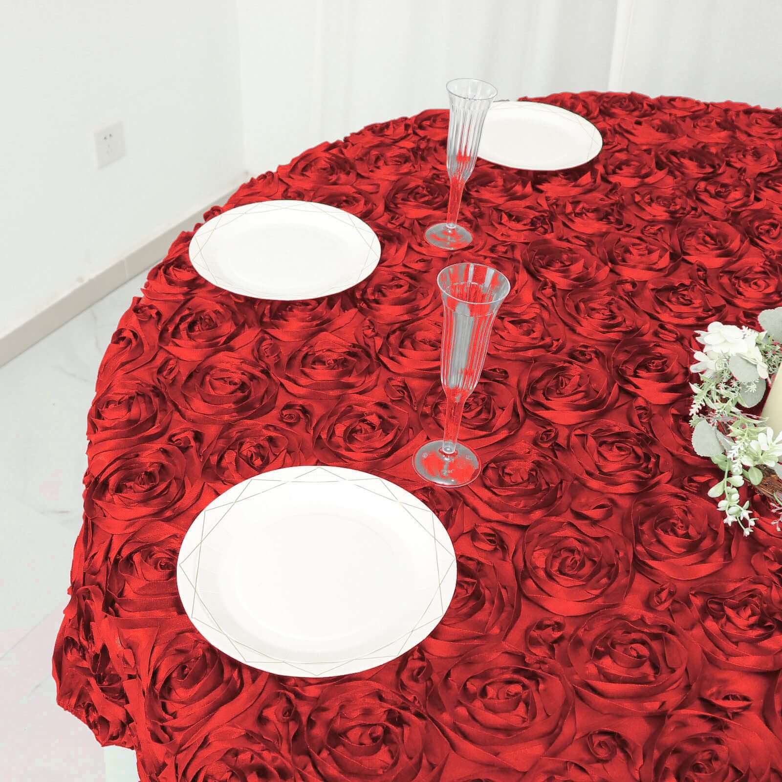 Satin 72"x72" Table Overlay Square Tablecloth Red - 3D Rosette Table Cover