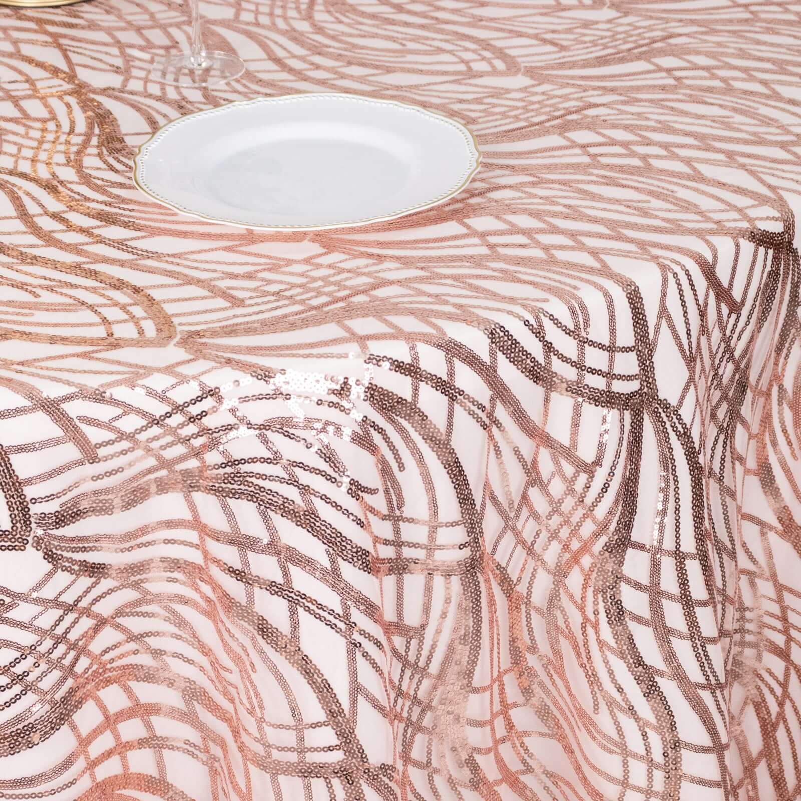Sequin Mesh 120" Round Tablecloth Rose Gold - Seamless Wave Embroidered Table Cover