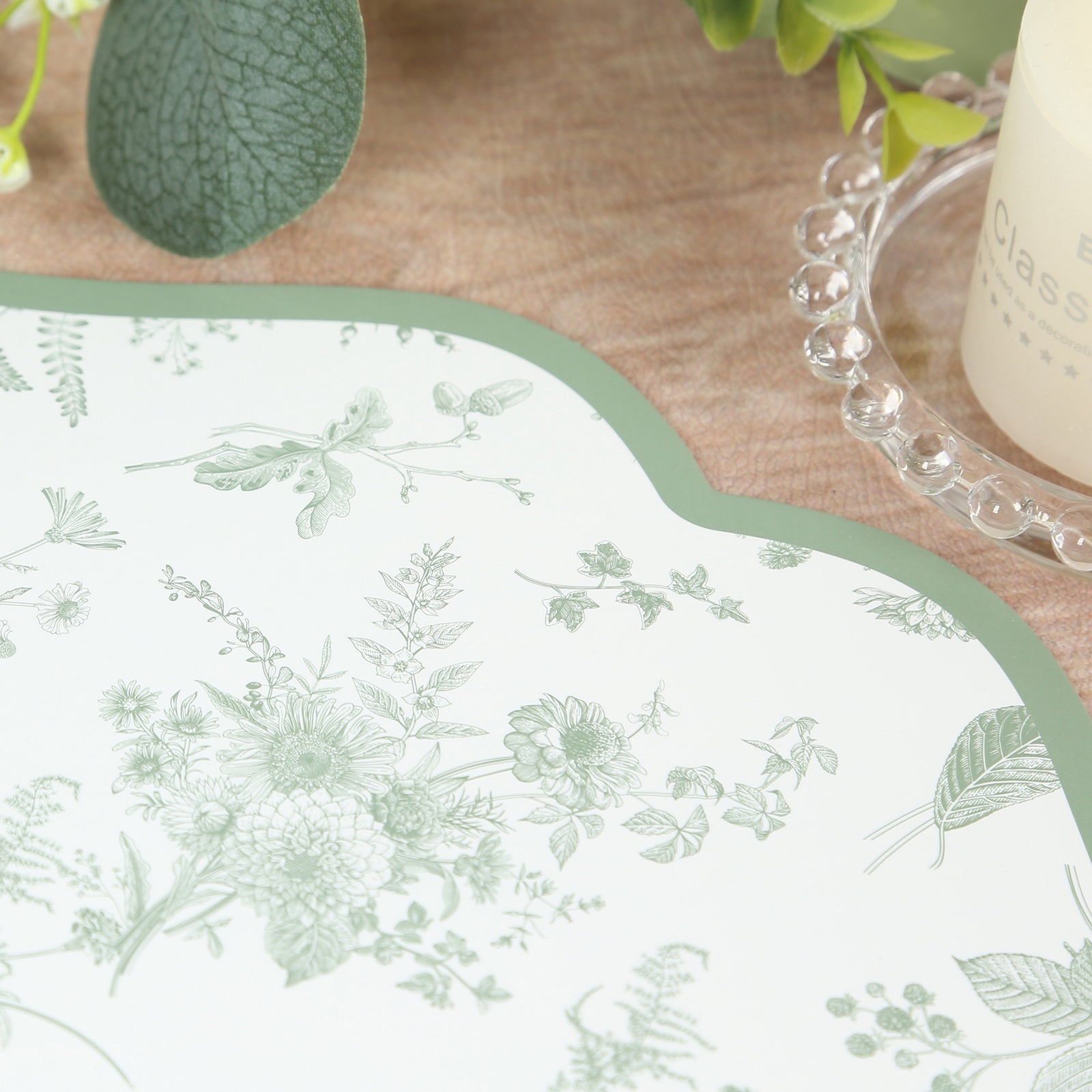 10 Pack Disposable Charger Plates White with Sage Green French Toile Pattern, 13" Cardboard Paper Placemats with Scalloped Rim
