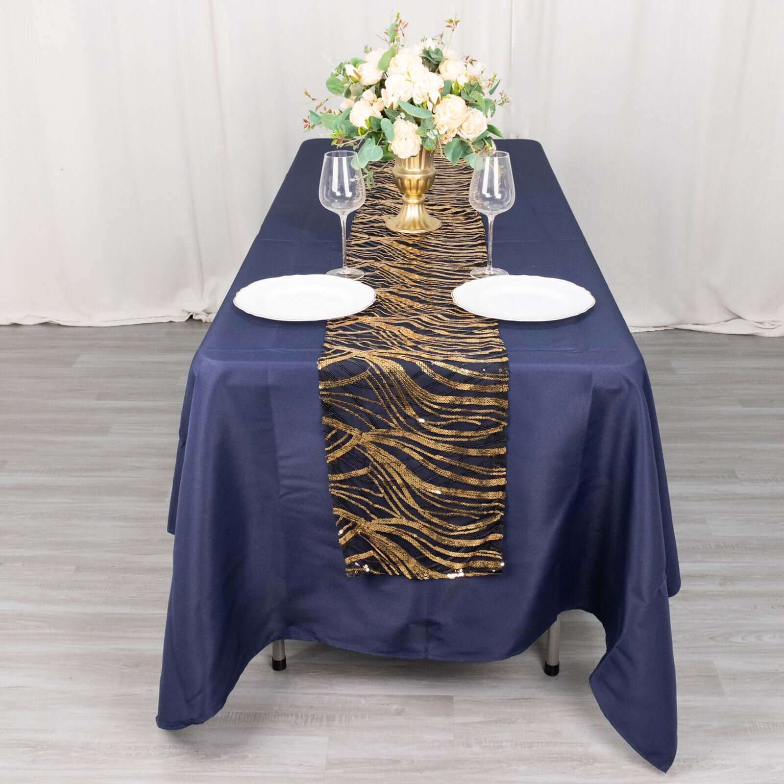 Sequin Mesh 12"x108" Table Runner Black Gold Stylish Wave Embroidery