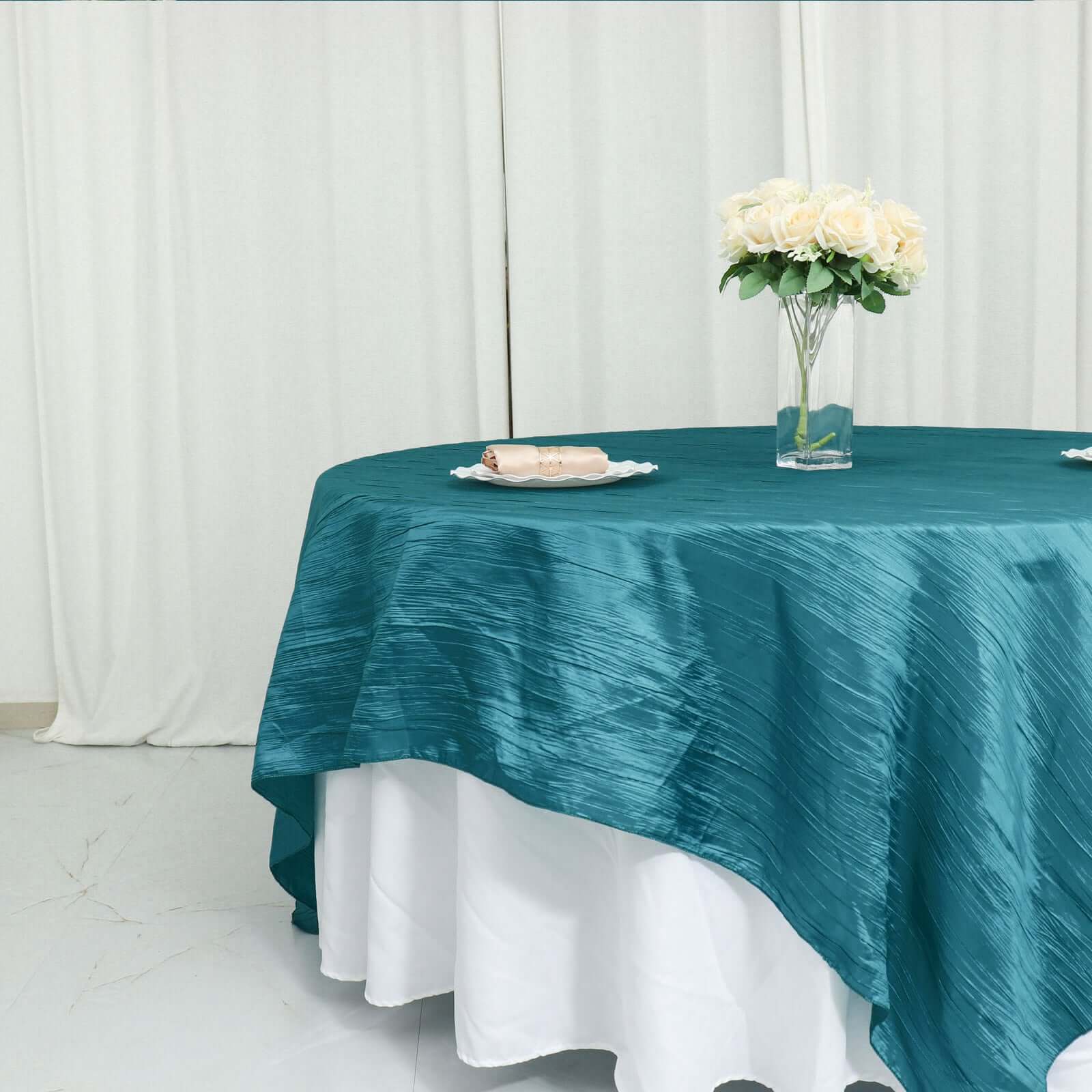 Taffeta 90"x90" Table Overlay Square Tablecloth Peacock Teal - Accordion Crinkle Table Cover