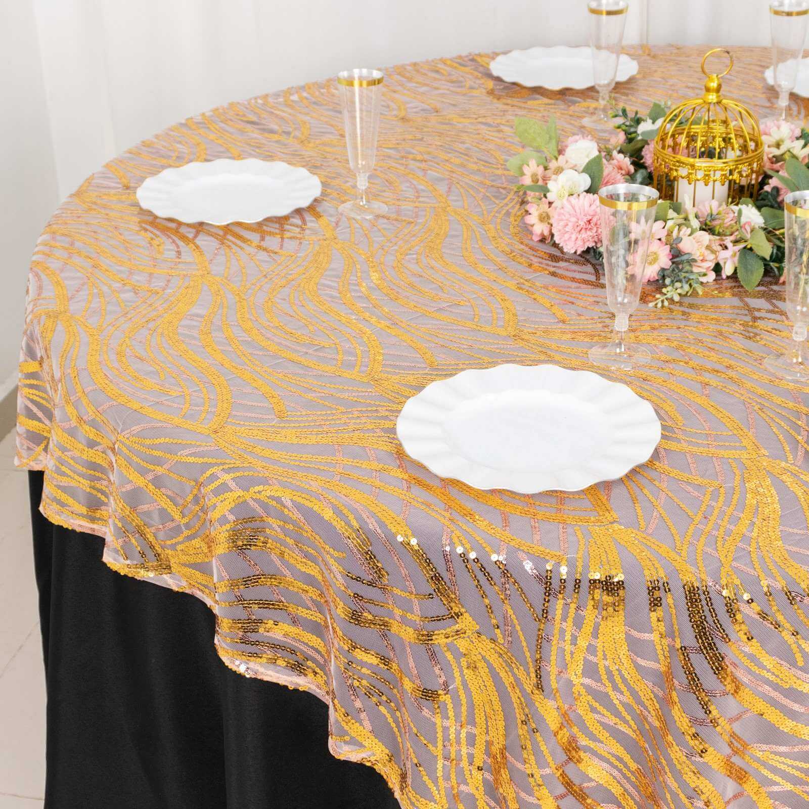 Mesh 72"x72" Table Overlay Square Tablecloth Rose Gold/Gold - Wave Embroidered Sequins Table Topper