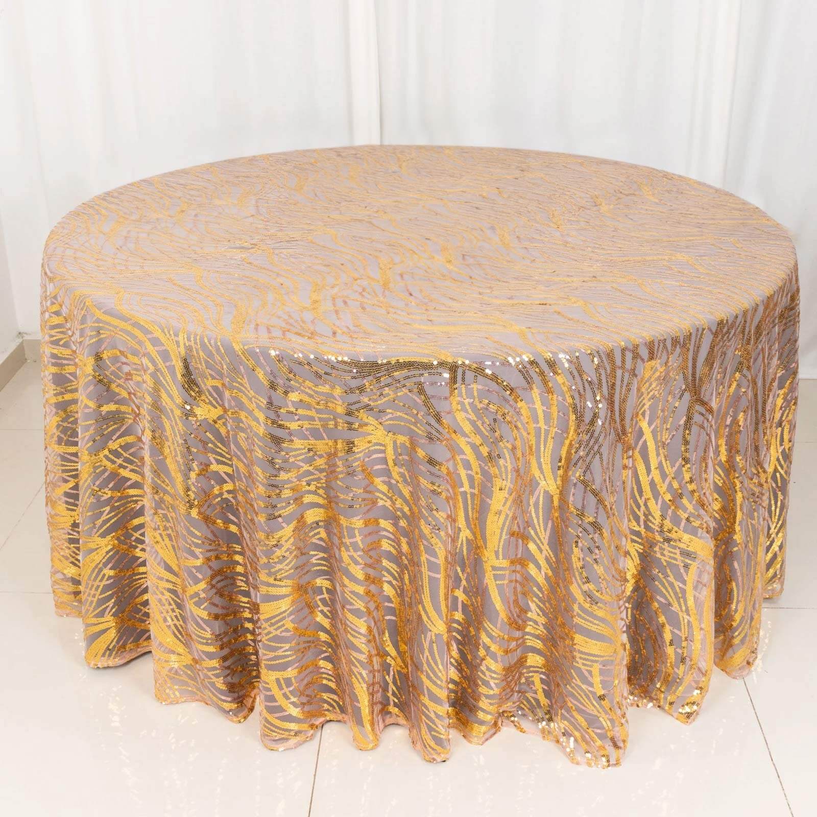 Sequin Mesh 120" Round Tablecloth Rose Gold/Gold - Seamless Wave Embroidered Table Cover