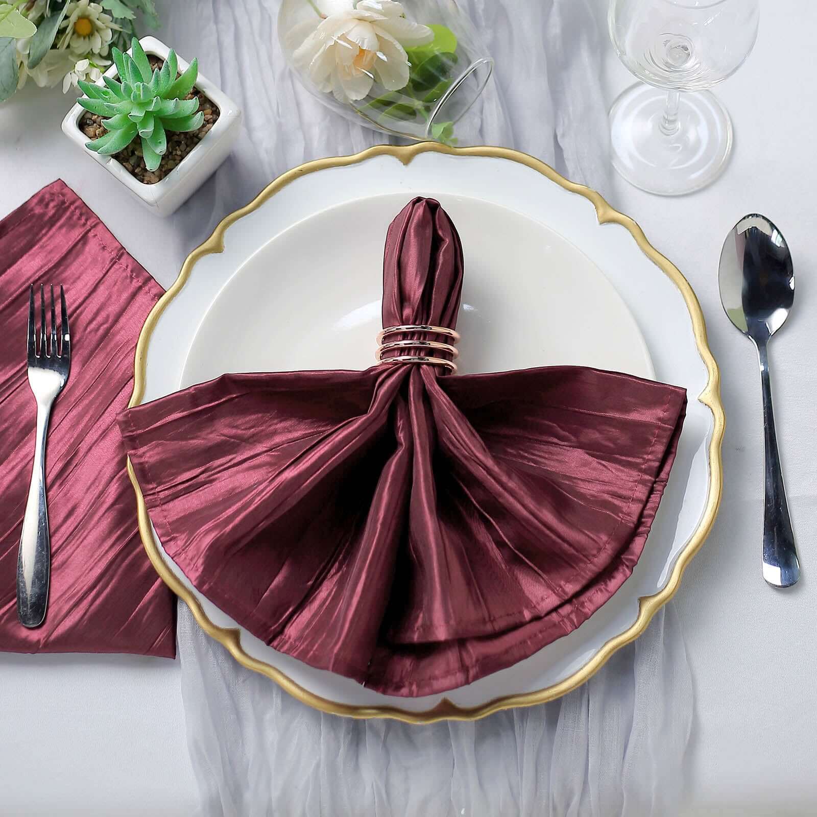 5 Pack Taffeta 20"x20" Napkins Burgundy - Accordion Crinkle Dinner Napkins