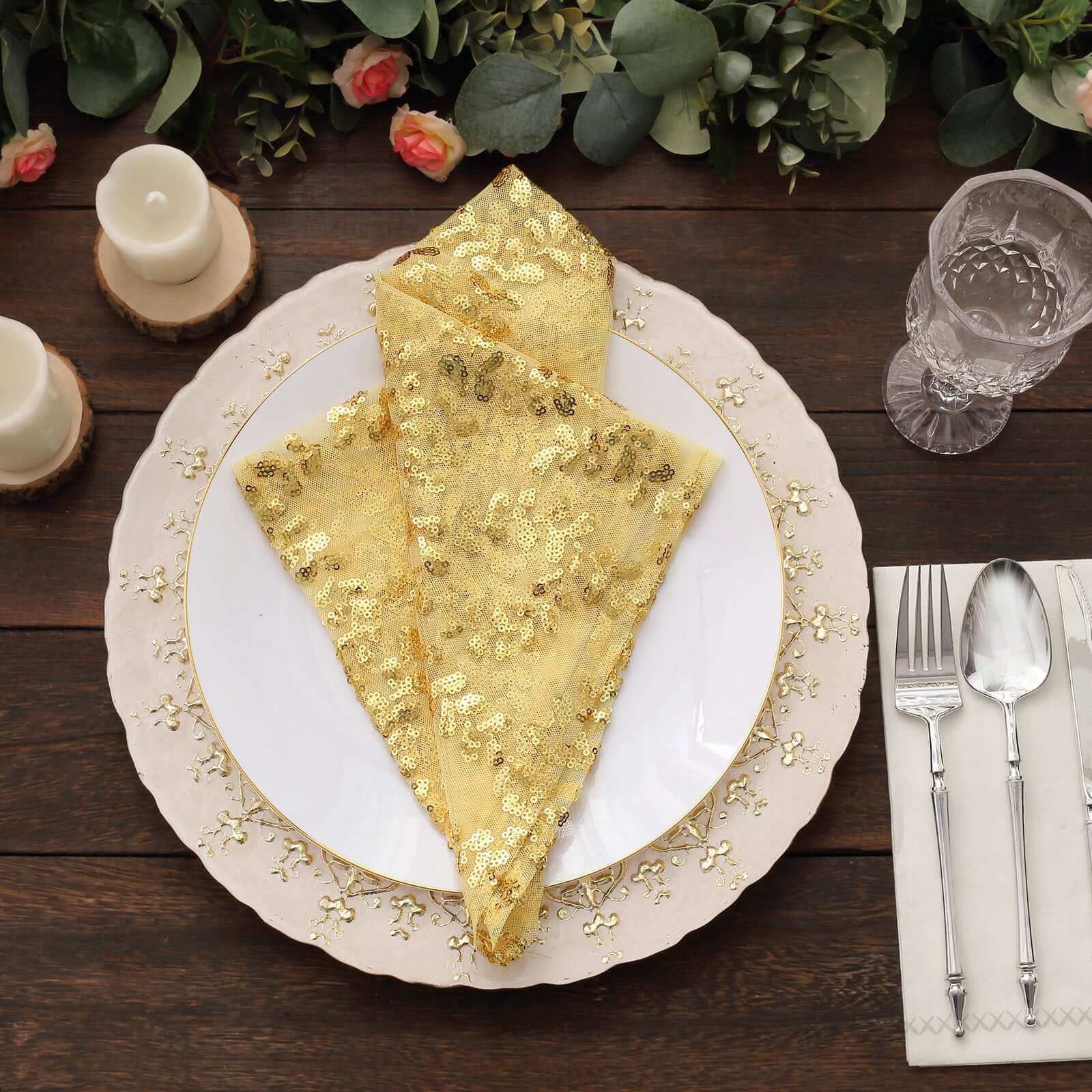 Sequin Tulle 20"x20" Napkin Gold Embroidered Leaf Vine Pattern - Shimmering Event Decor