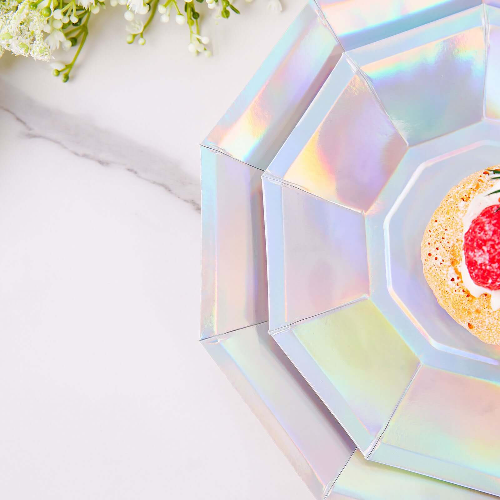 25-Pack Paper 7.5" Decagon Dessert Plates in Iridescent - Disposable Holographic Salad Plates for Starry Night & Fairytale Parties