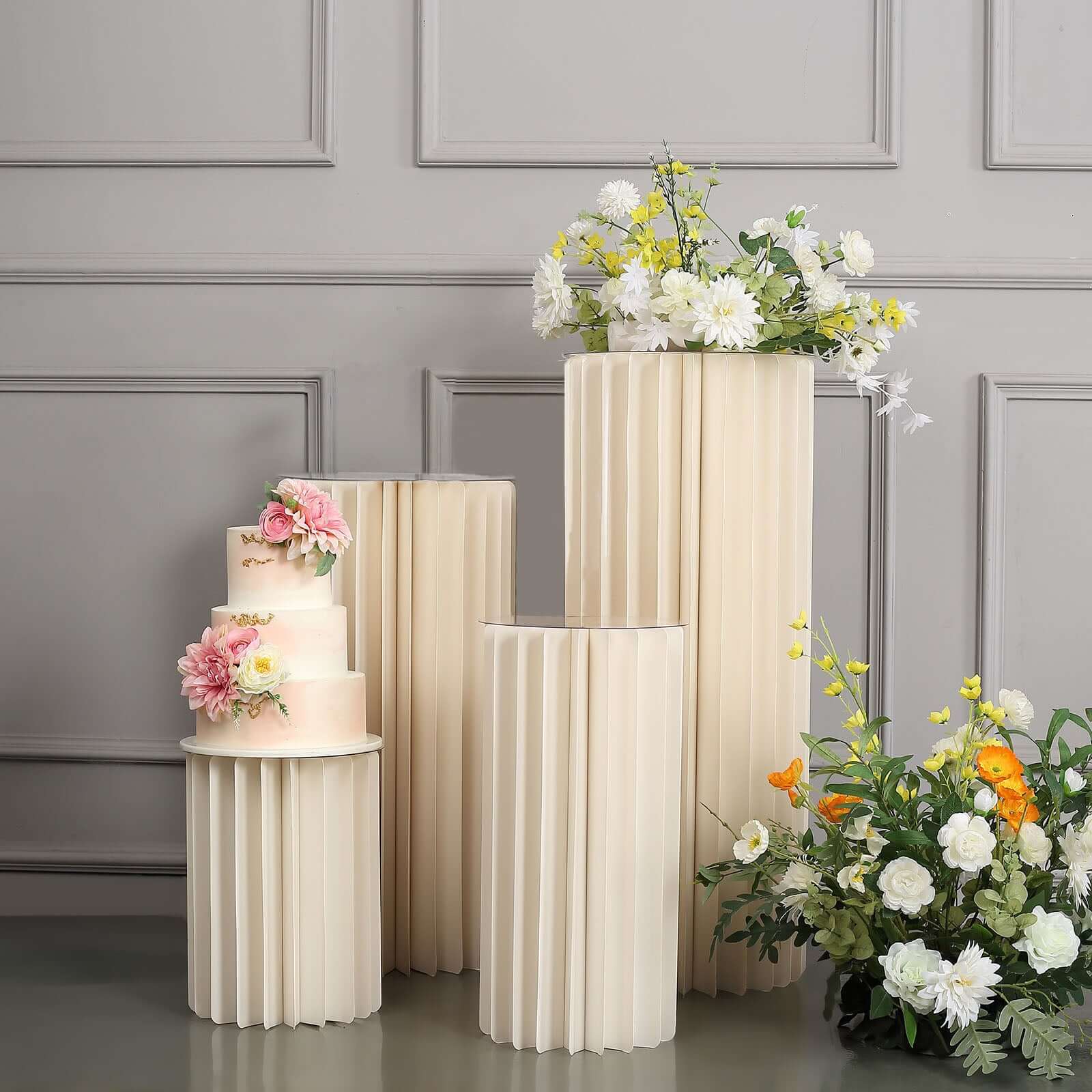 32" Ivory Cylinder Display Column Stand, Pillar Pedestal Stand With Top Plate