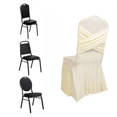 Ivory Spandex Banquet Chair Cover with Ruffle Skirt & Cross Back Sash – Stretch Slipcover for Events