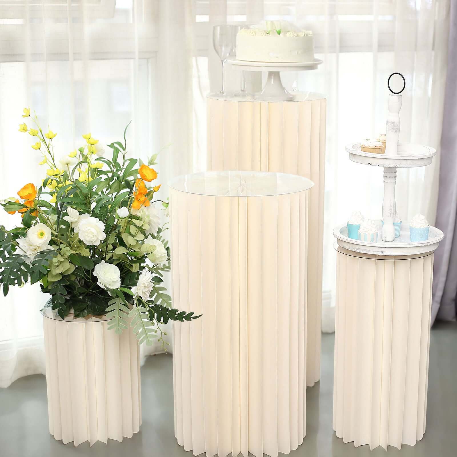 32" Ivory Cylinder Display Column Stand, Pillar Pedestal Stand With Top Plate
