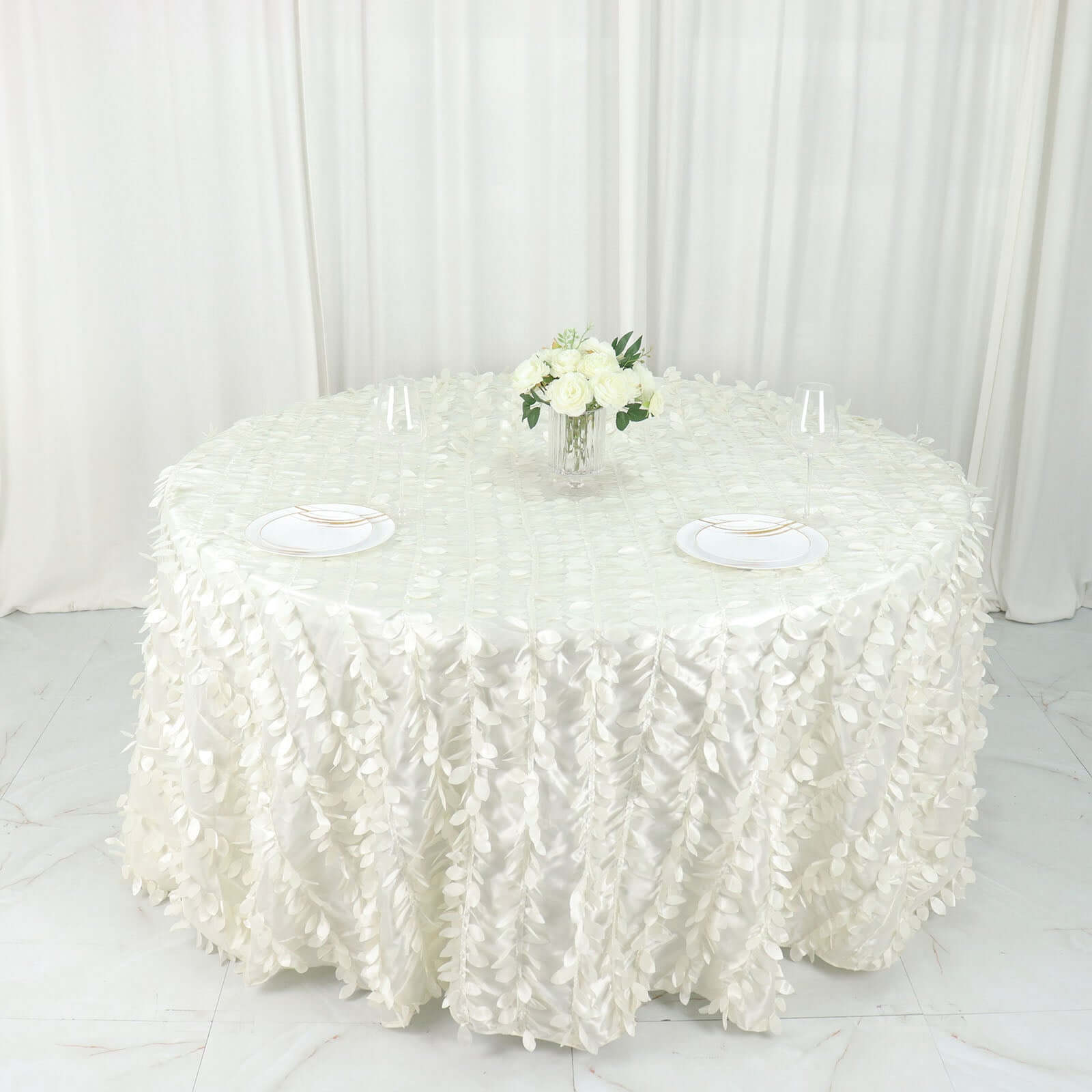 Taffeta 132" Round Tablecloth Ivory | 3D Leaf Petal Design Seamless Table Cover