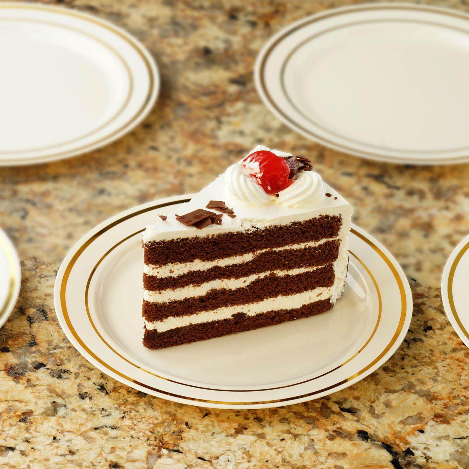 10-Pack Plastic Dessert Plates Ivory with Très Chic Gold Rim - Disposable Appetizer Plates for Parties 6"