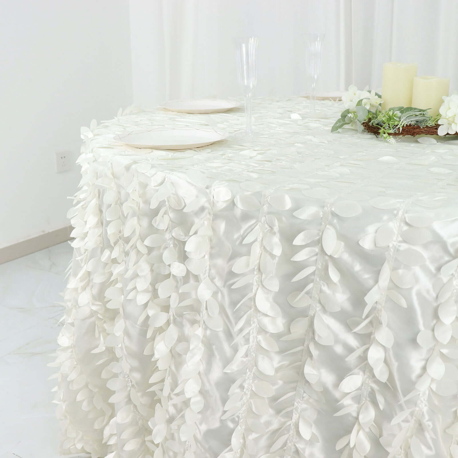Taffeta 132" Round Tablecloth Ivory | 3D Leaf Petal Design Seamless Table Cover
