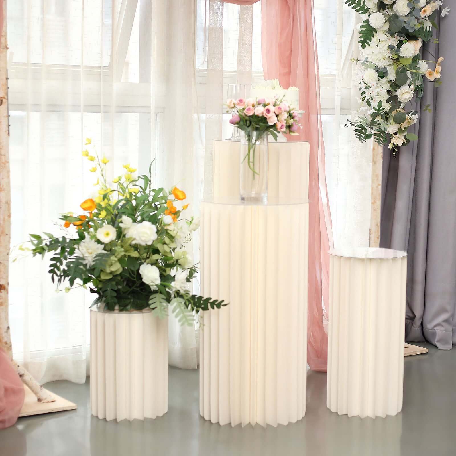 40" Ivory Cylinder Display Column Stand, Pillar Pedestal Stand With Top Plate