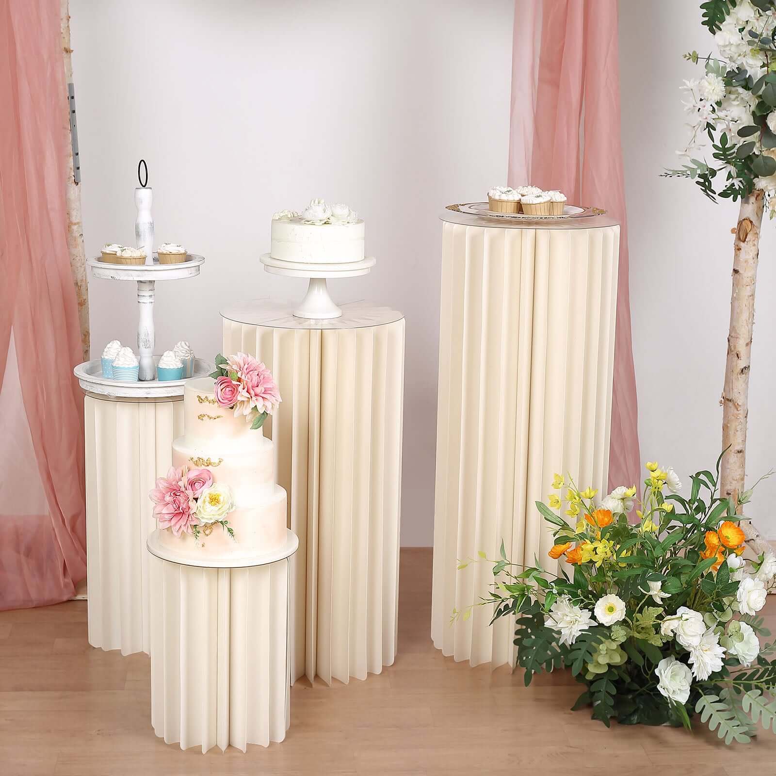 32" Ivory Cylinder Display Column Stand, Pillar Pedestal Stand With Top Plate