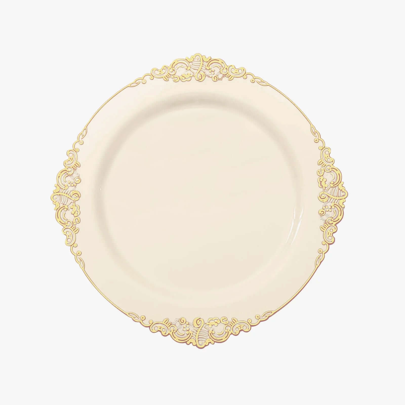 10-Pack Plastic 10" Round Dinner Plates in Ivory with Gold Leaf Embossed Rim - Disposable Vintage Baroque Style Plates