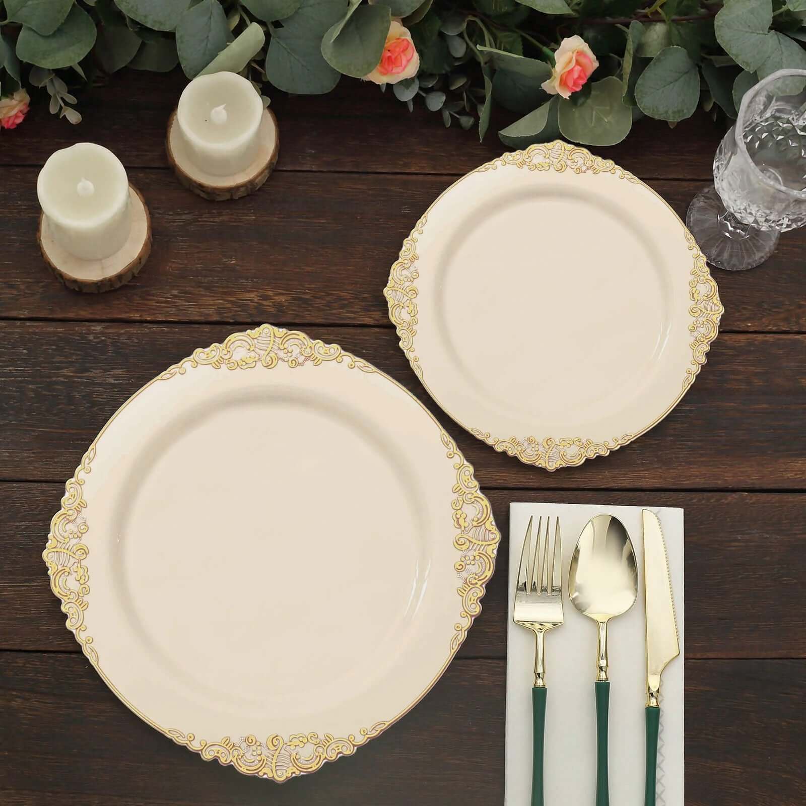 10-Pack Plastic 10" Round Dinner Plates in Ivory with Gold Leaf Embossed Rim - Disposable Vintage Baroque Style Plates