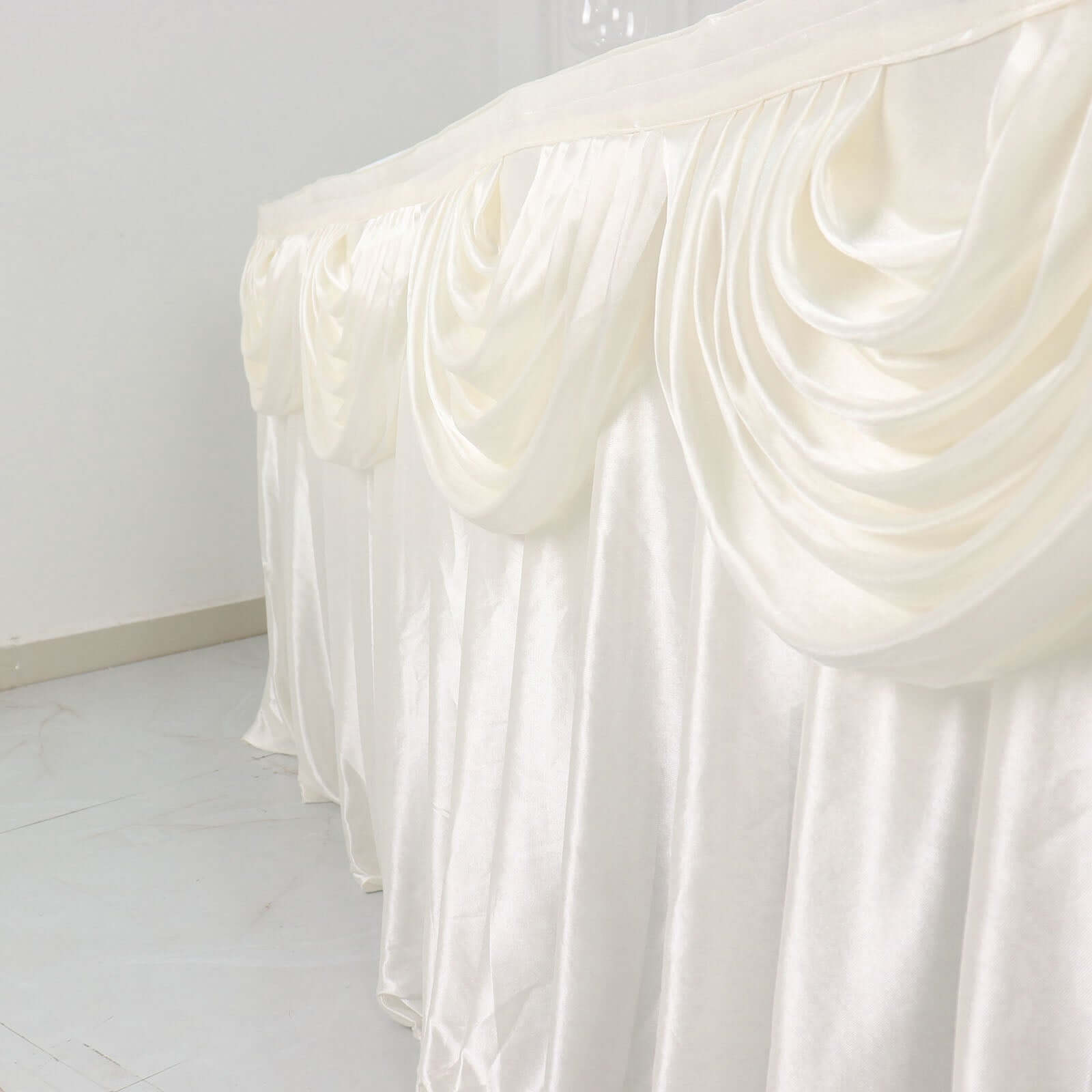 Satin 14ft Table Skirt Ivory - Pleated Double Drape Table Cover
