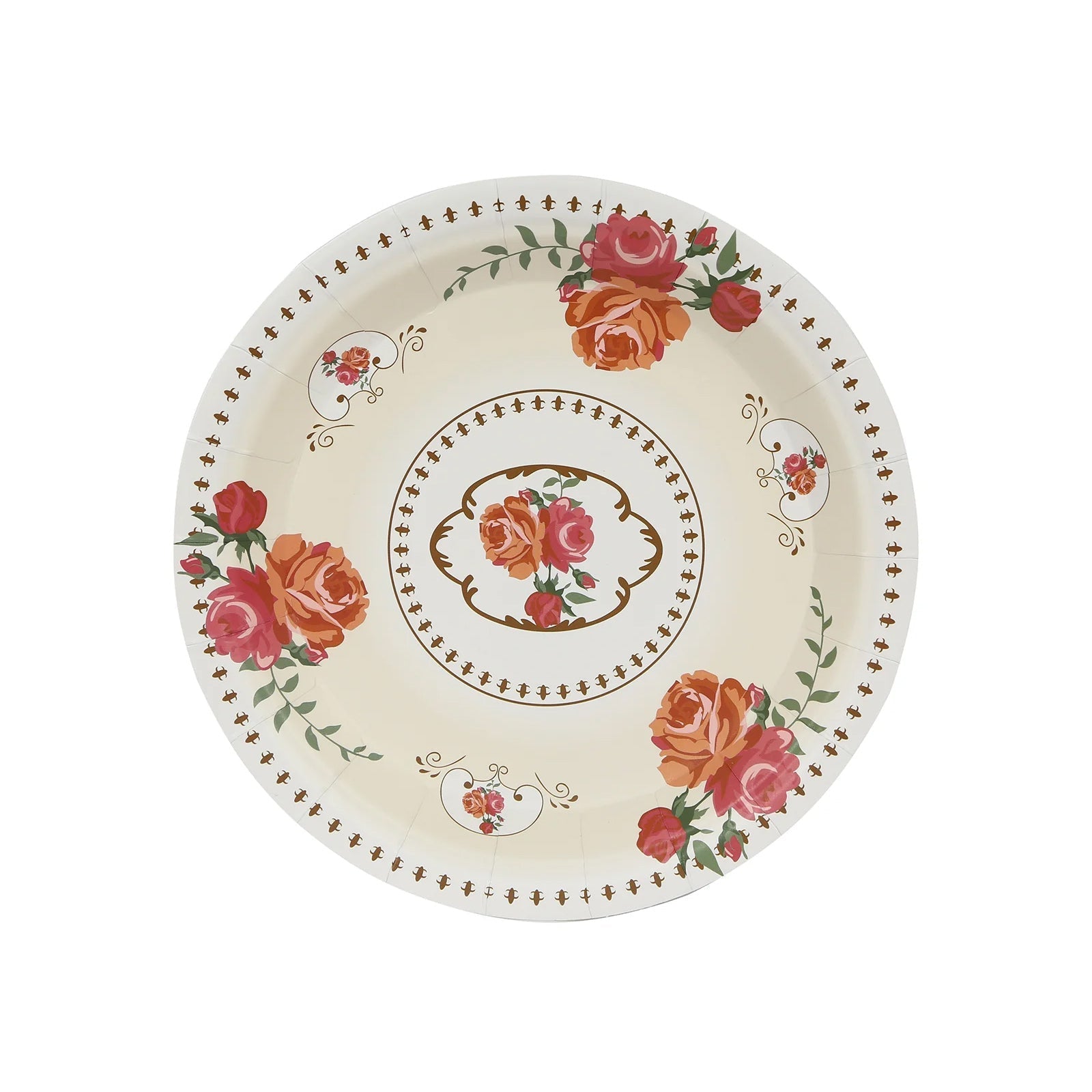 25-Pack Paper 7" Round Dessert Plates in Ivory with Vintage Rose Flower Print - Disposable Appetizer Salad Plates for Bridal Showers & Garden Luncheons