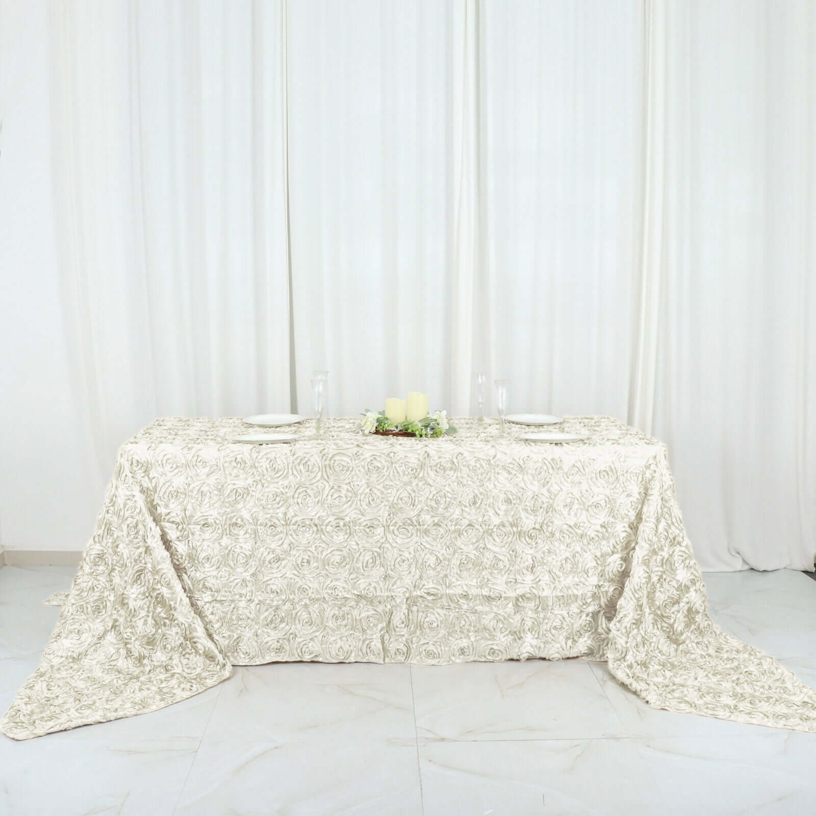 Satin 90"x156" Rectangle Tablecloth Ivory - Grandiose 3D Rosette Table Cover with Seamless Finish