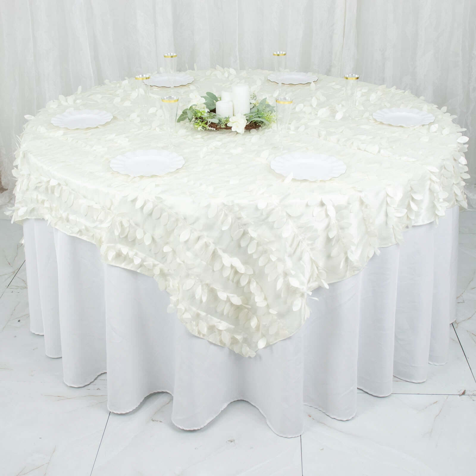 Taffeta 54"x54" Table Overlay Square Tablecloth Ivory 3D Leaf Petal Table Cover