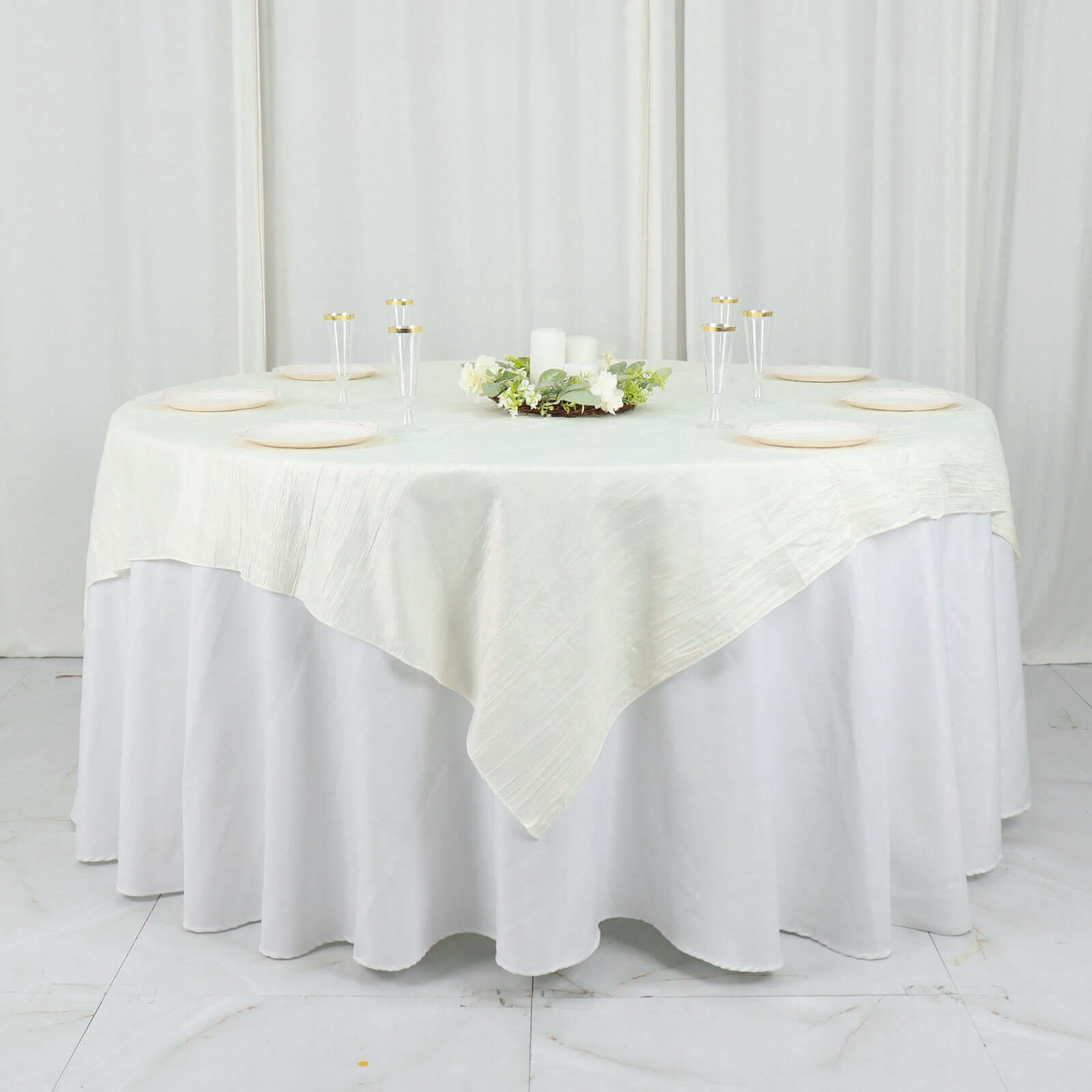 Taffeta 72"x72" Table Overlay Square Tablecloth Ivory - Accordion Crinkle Table Cover
