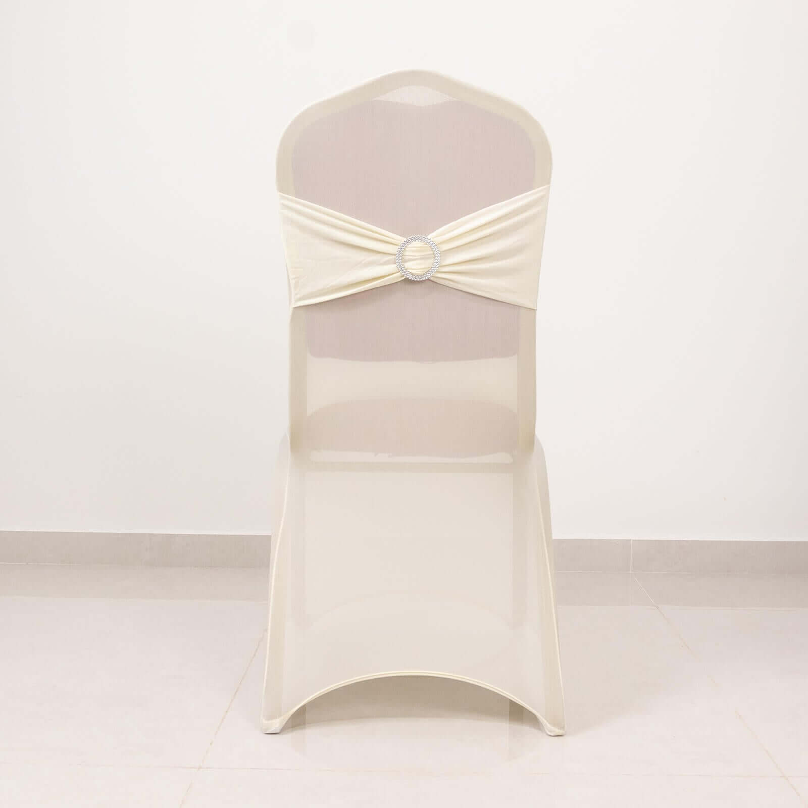 Spandex Chair Cover with Silver Rhinestone Buckled Sash Band Ivory - Stretch Fitted Slipcover
