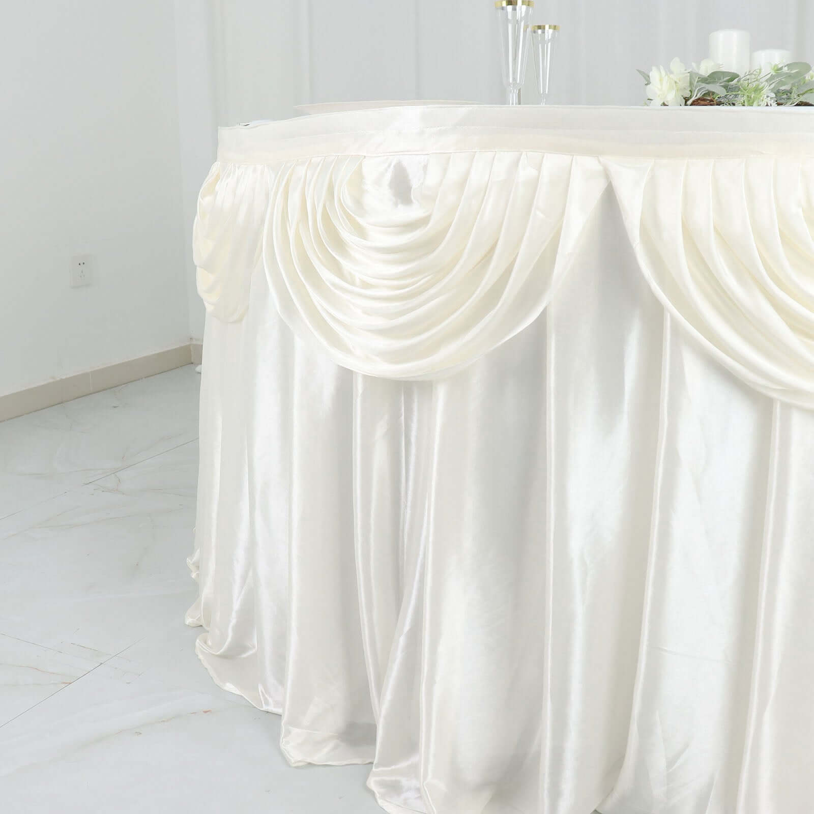 Satin 14ft Table Skirt Ivory - Pleated Double Drape Table Cover