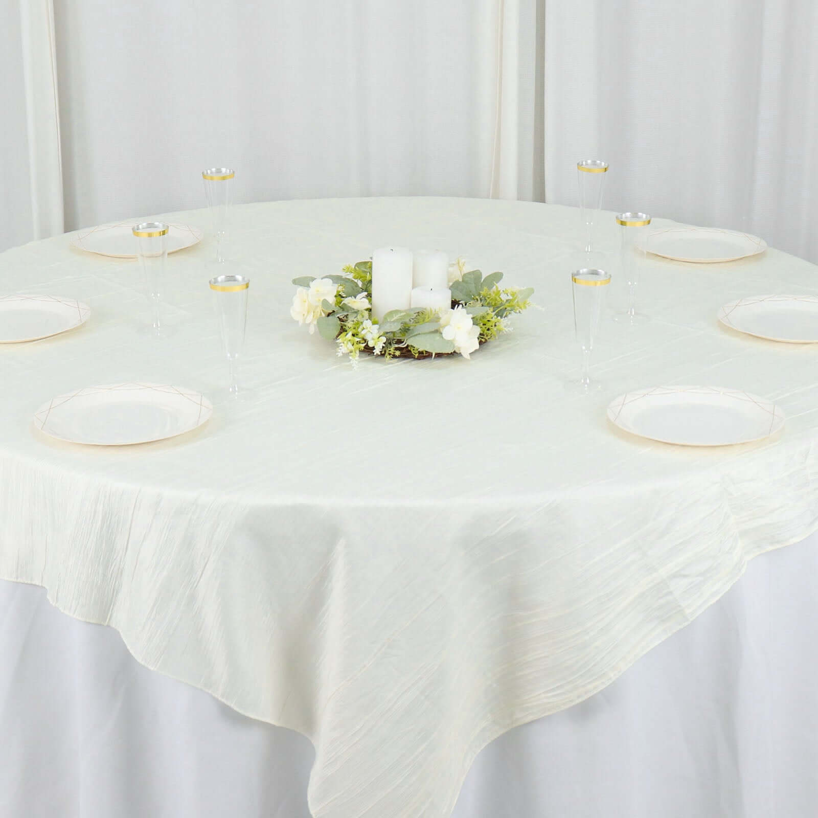 Taffeta 72"x72" Table Overlay Square Tablecloth Ivory - Accordion Crinkle Table Cover
