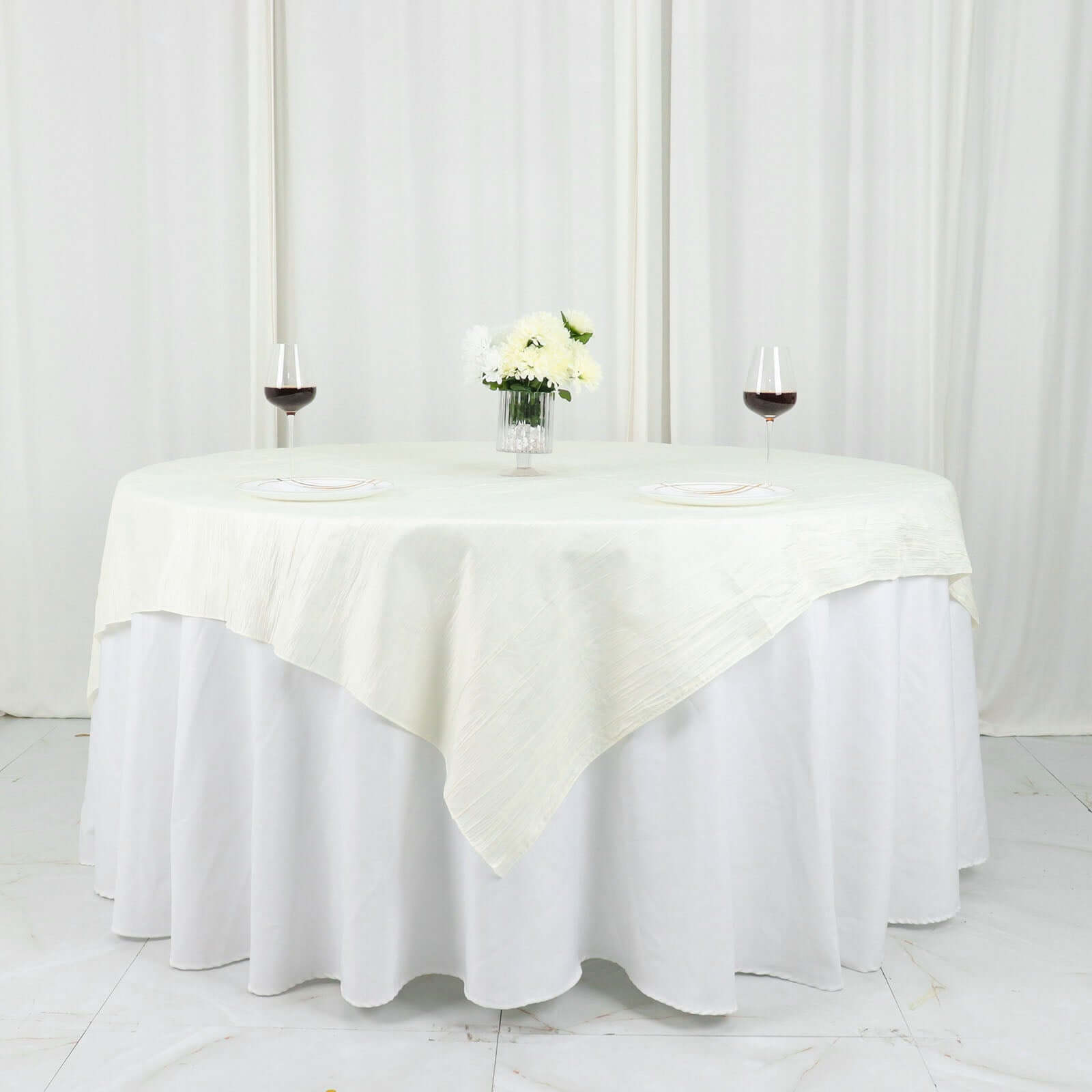 Taffeta 72"x72" Table Overlay Square Tablecloth Ivory - Accordion Crinkle Table Cover