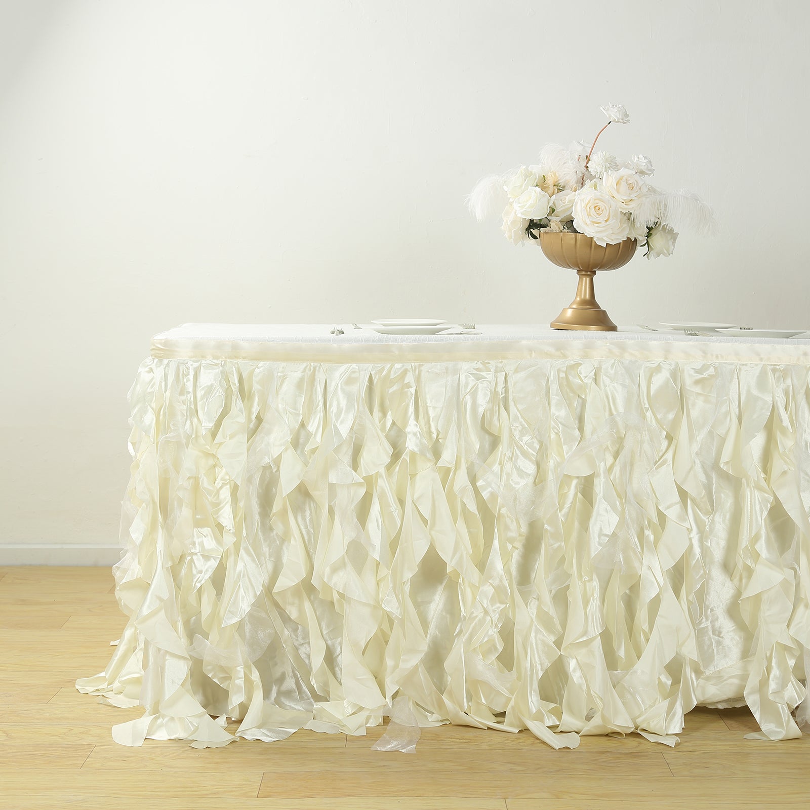 Taffeta 17ft Table Skirt Ivory - Cascading Curly Willow Style Table Cover
