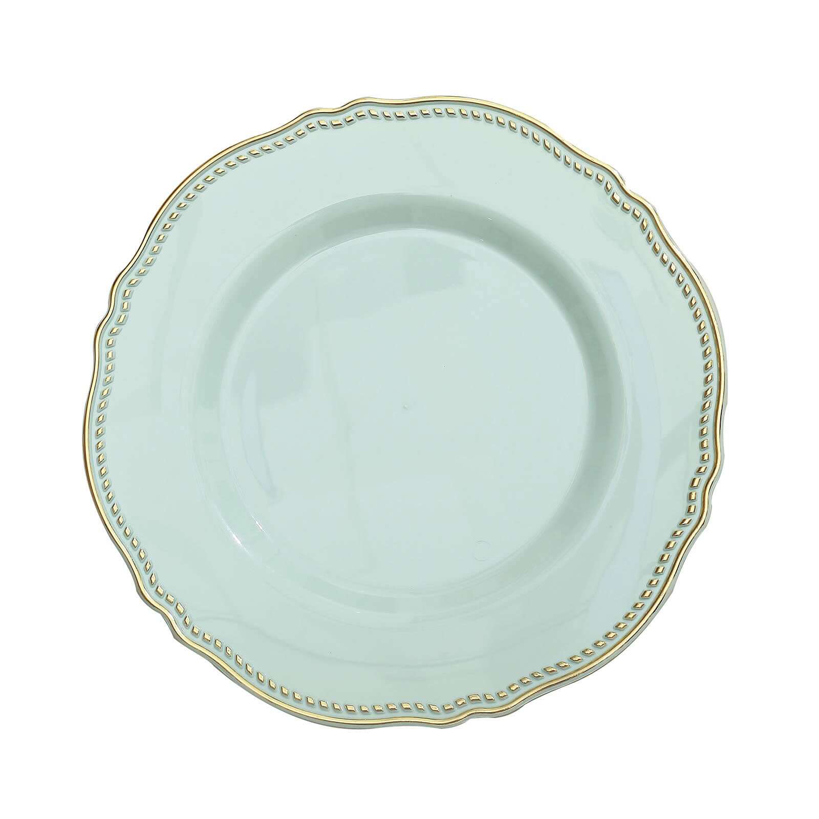 10-Pack Plastic 10" Dinner Plates in Jade with Gold Scalloped Rim - Disposable Large Party Plates