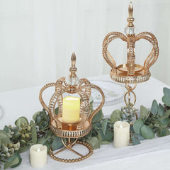 Metal Crown Spiral Pillar Candle Holder Stand Gold - Jeweled Votive Candle Centerpiece 13"