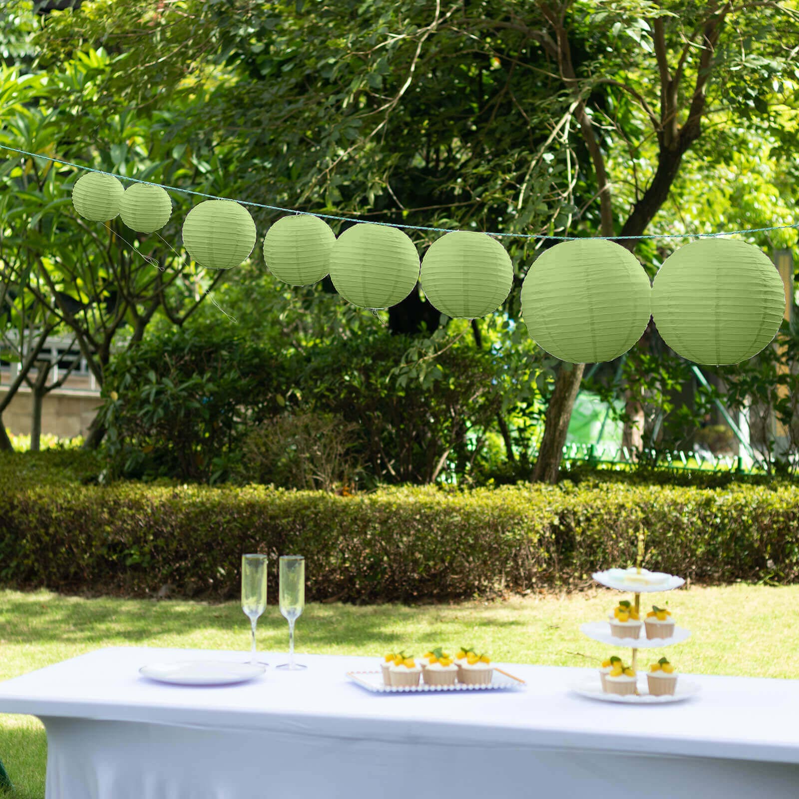 Set of 8 Sage Green Hanging Paper Lanterns, Decorative Round Chinese Sky Lanterns, Assorted Sizes  - 6",8",10",14"