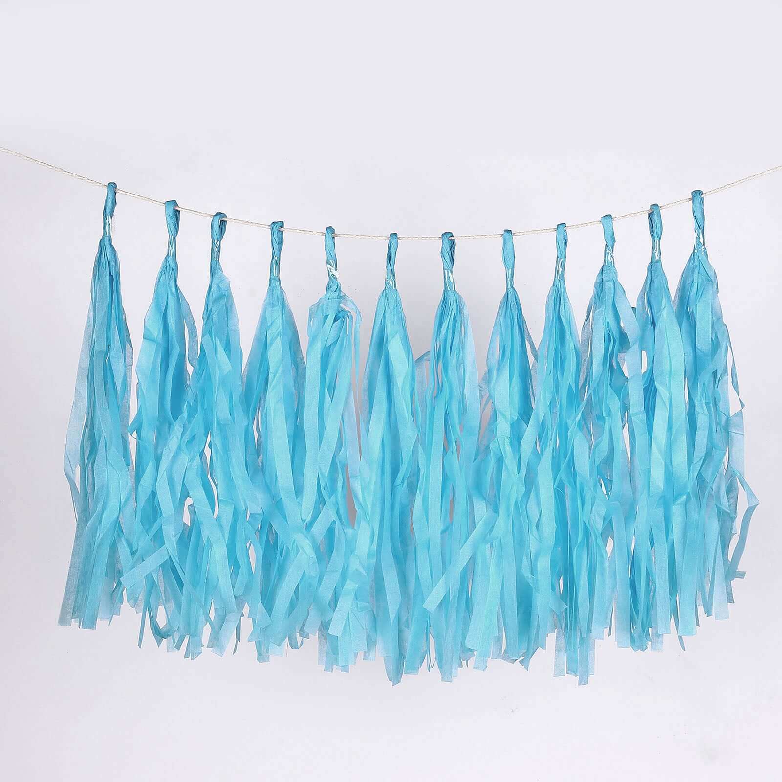 12 Pack Pre-Tied Turquoise Tissue Paper Tassel Garland With String, Hanging Fringe Party Streamer Backdrop Decor