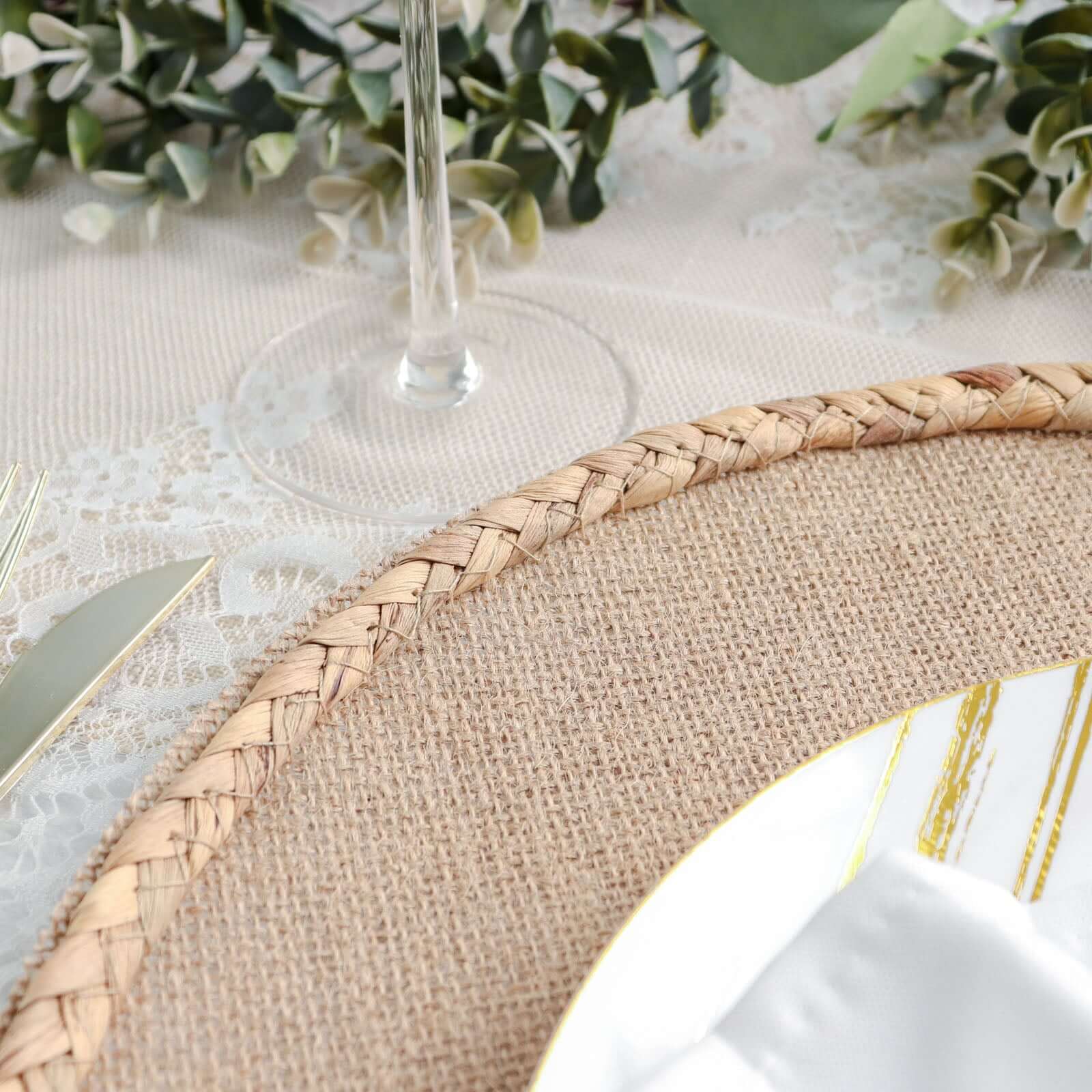 4-Pack Placemats Braided Edge Design Natural Burlap Jute Round - Rustic Farmhouse Style with Trim 15"