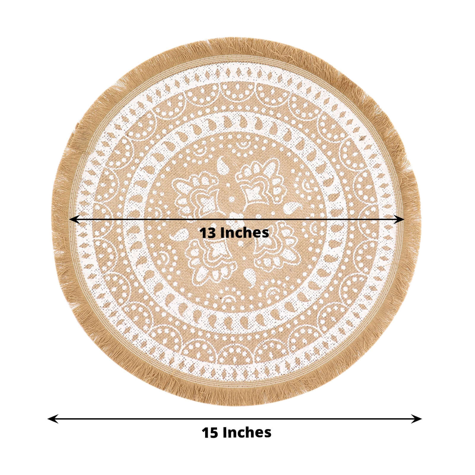 4-Pack Placemats Fringe Print Design Natural Jute and White Round - Rustic Burlap Woven Style 15"