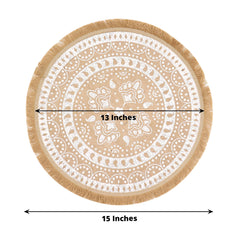 4-Pack Placemats Fringe Print Design Natural Jute and White Round - Rustic Burlap Woven Style 15"