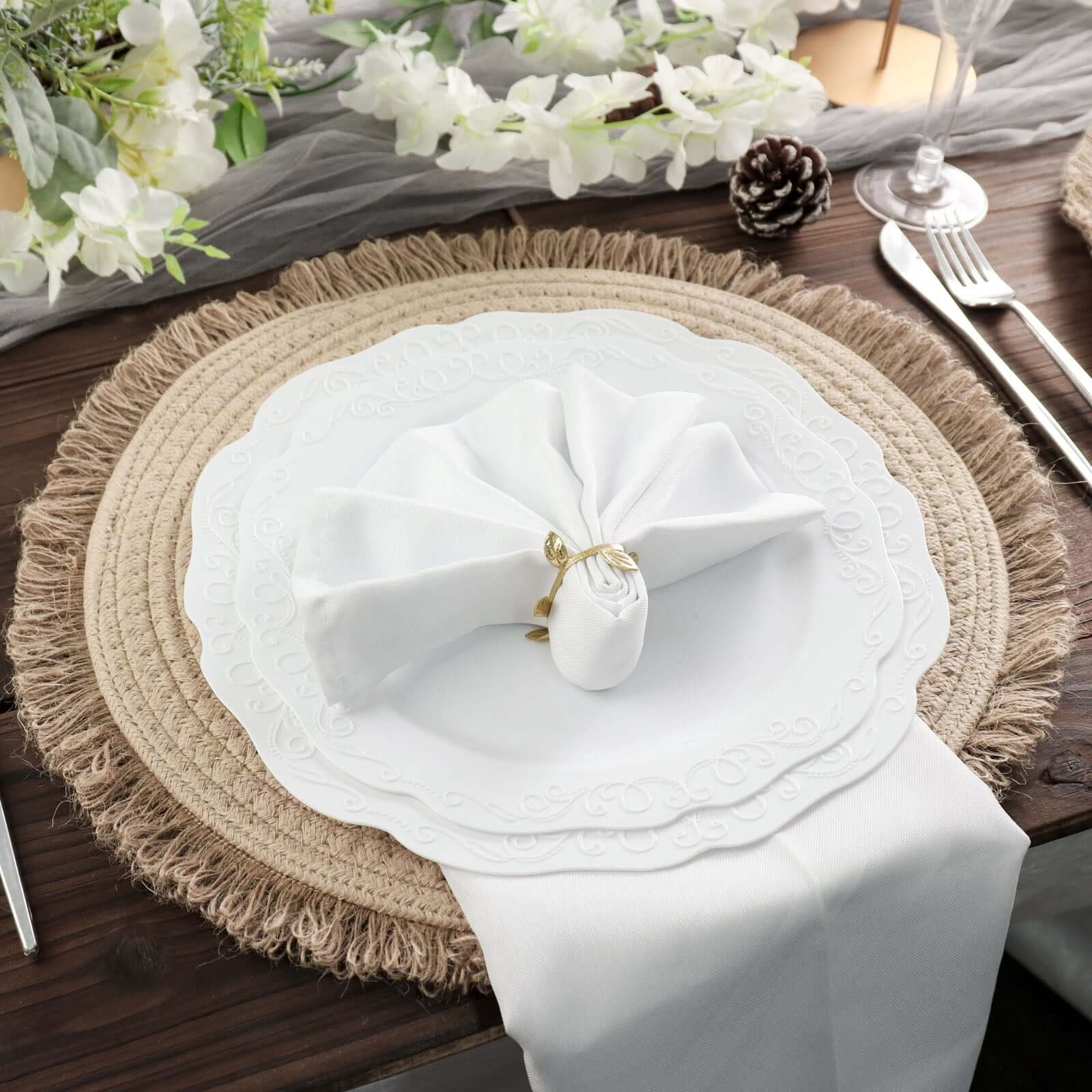 4-Pack Placemats Fringed Edge Design Natural Rustic Burlap Jute Round - Farmhouse Style Table Mats with Trim 15"