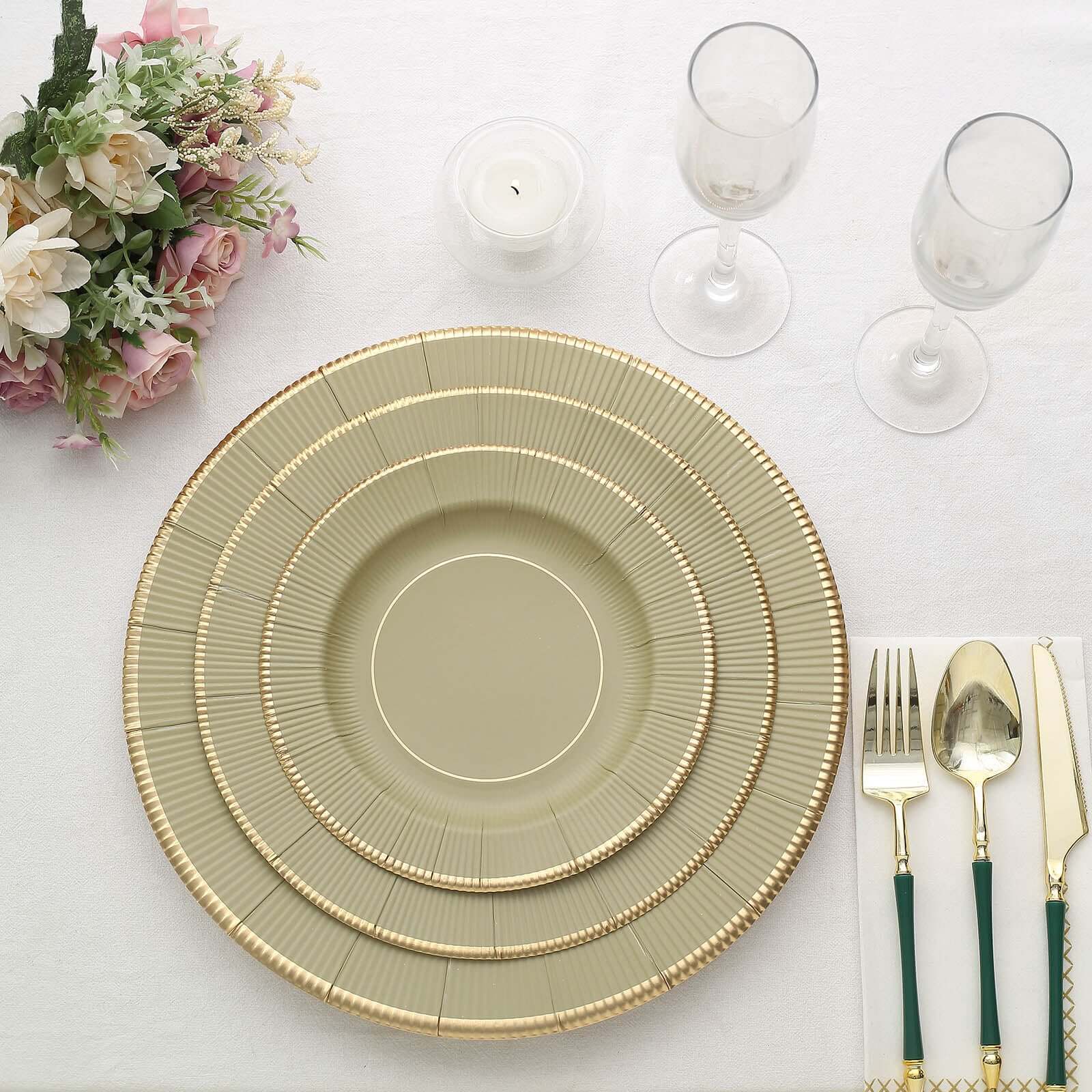 25-Pack Paper 10" Round Dinner Plates in Khaki Sunray Design with Gold Rim - Disposable Heavy Duty 350GSM Party Plates