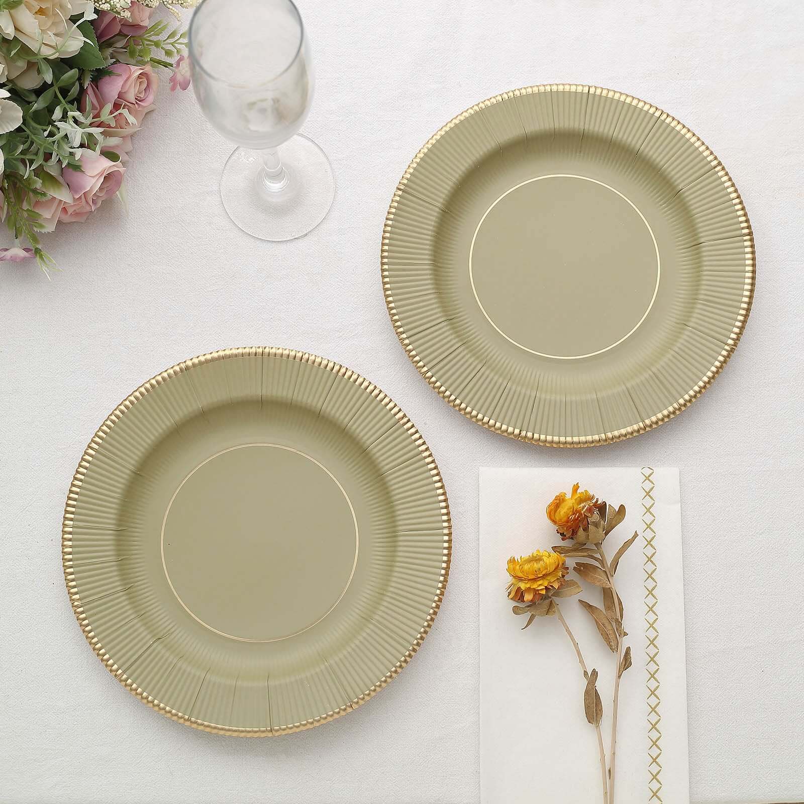 25-Pack Paper 8" Round Dessert Plates in Khaki Sunray Design with Gold Rim - Disposable Heavy Duty 350GSM Appetizer Salad Plates