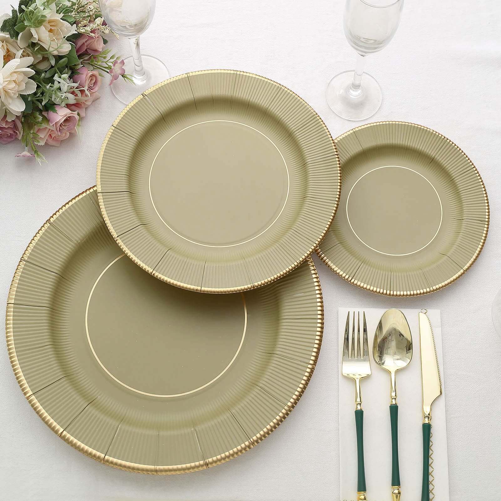 25-Pack Paper 8" Round Dessert Plates in Khaki Sunray Design with Gold Rim - Disposable Heavy Duty 350GSM Appetizer Salad Plates